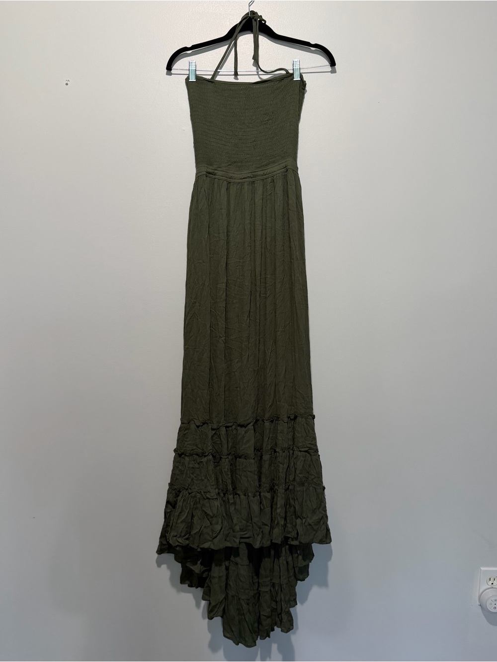 R. Vivimos Olive Green Boho Halter Maxi Dress Tiered Ruffle Smocked L 12/14